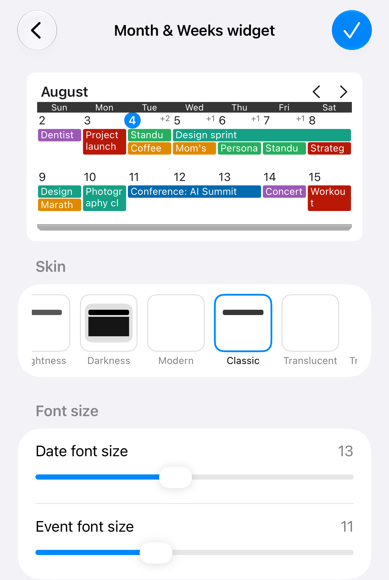 The Calendar Widgets Suite widget editor: a live preview at the top, with the skin picker and date and event font size sliders below it