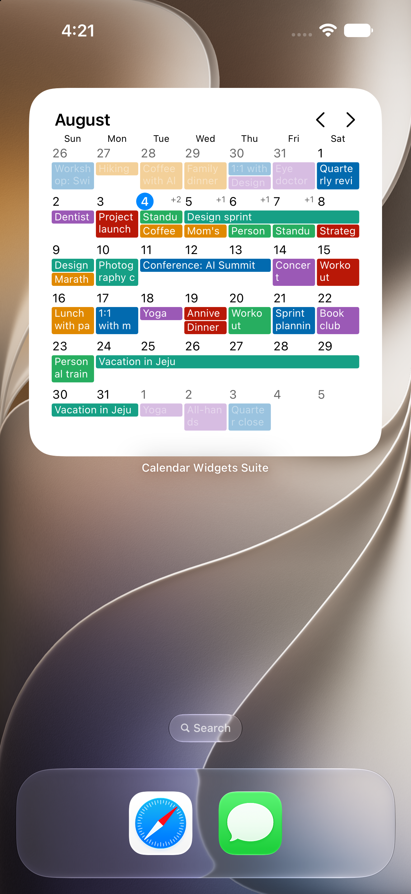 An iPhone Home Screen showing a Calendar Widgets Suite month widget over a wallpaper, with a full month of colour-coded events