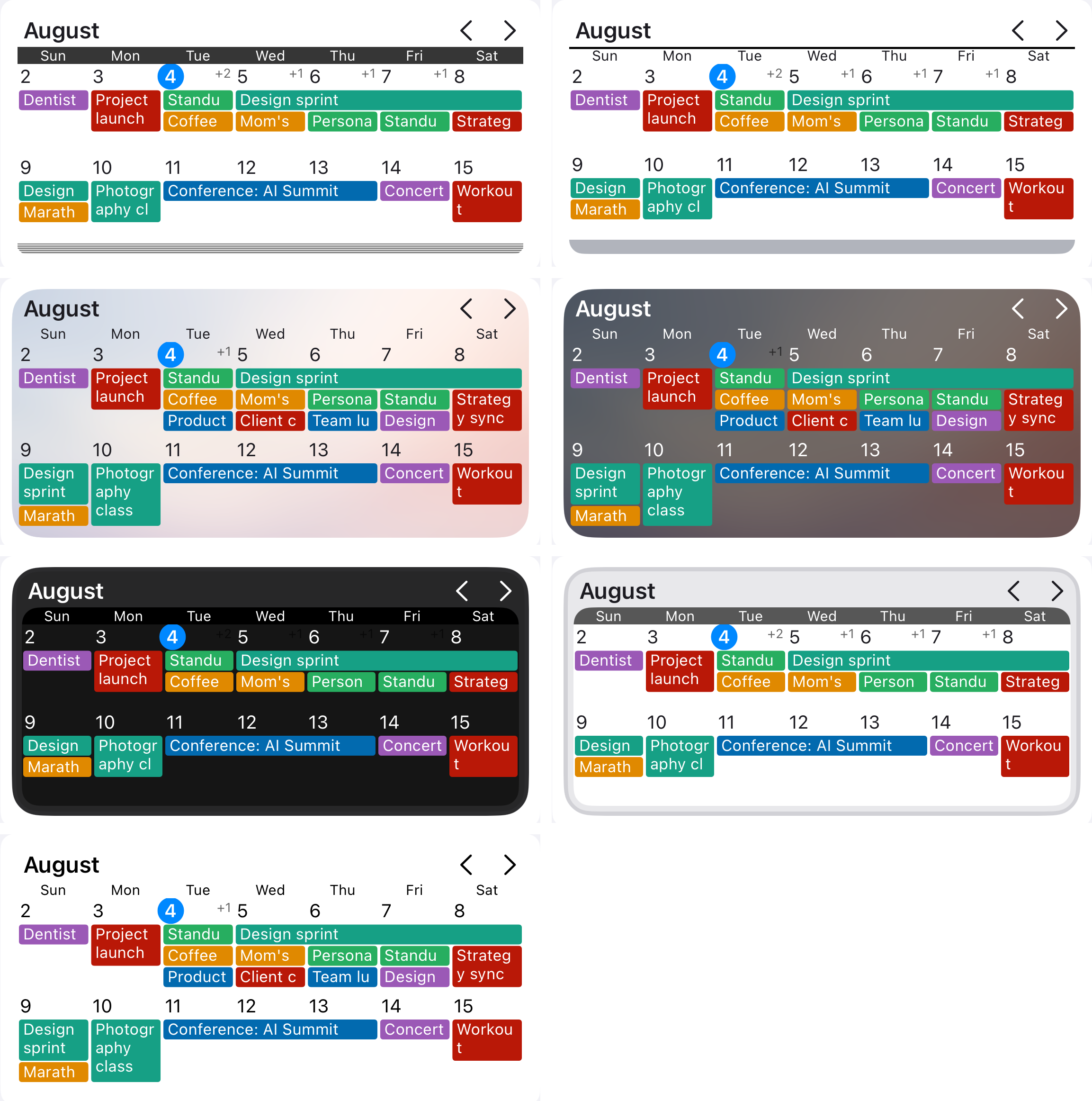 The same Calendar Widgets Suite widget rendered under each skin, in the order listed above: Classic and Modern, then Translucent and Translucent dark, then Darkness and Brightness, then no skin at all