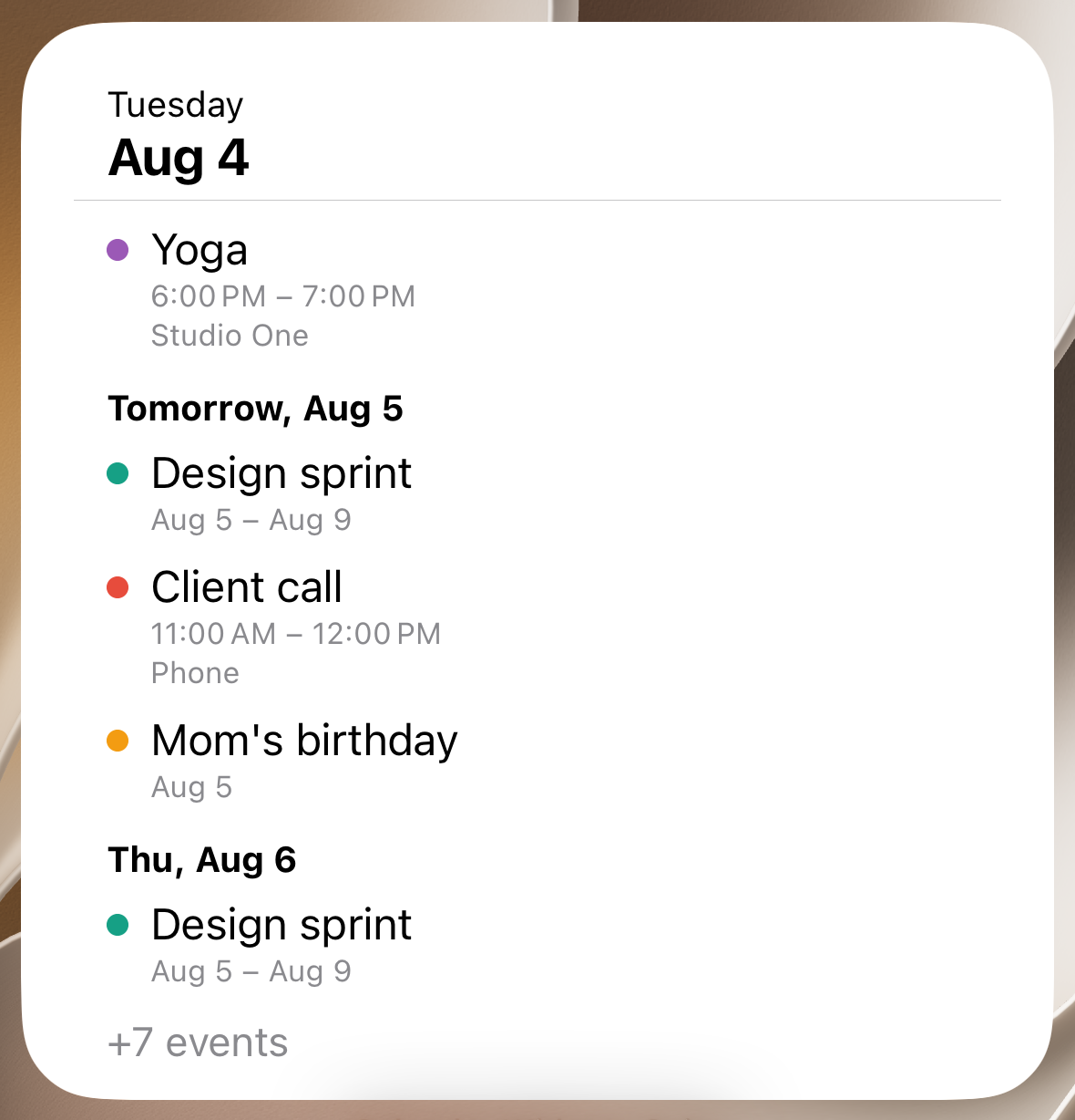 Calendar Widgets Suite list widget showing upcoming events in order with colored chips