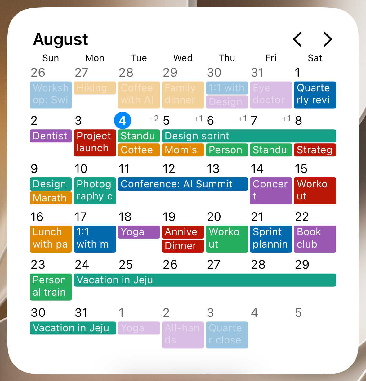 Calendar Widgets Suite month widget showing a full month grid with event titles in the day cells