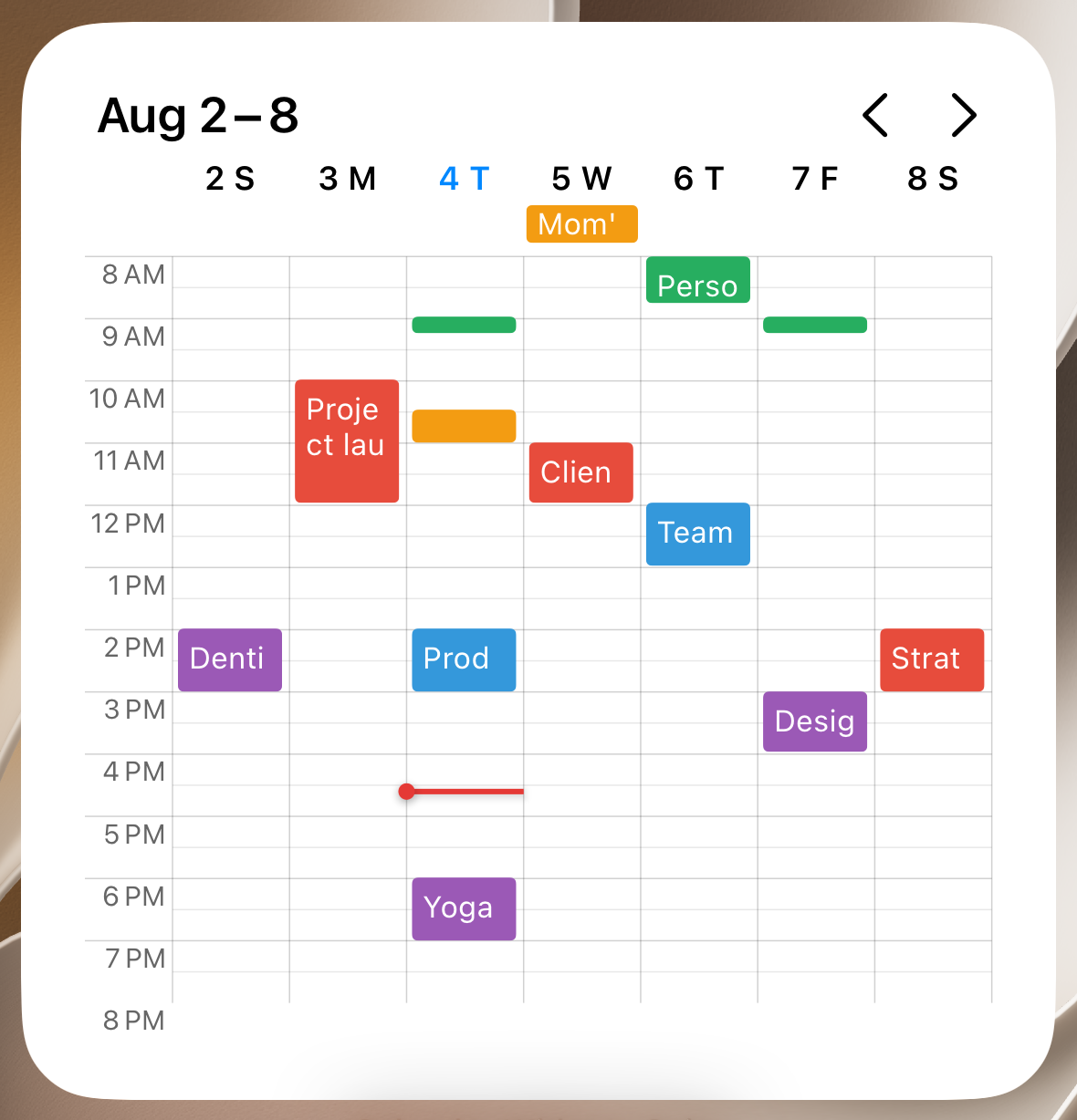 Calendar Widgets Suite week timeline widget showing an hour-by-hour grid across several days