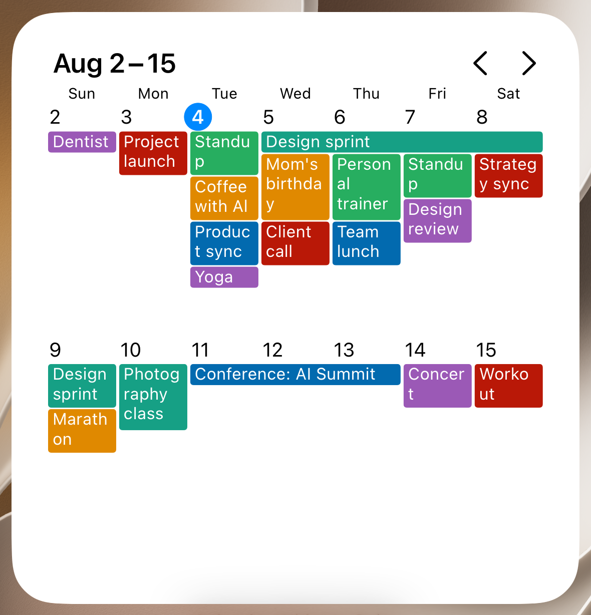 Calendar Widgets Suite weeks widget showing a two-week window of events